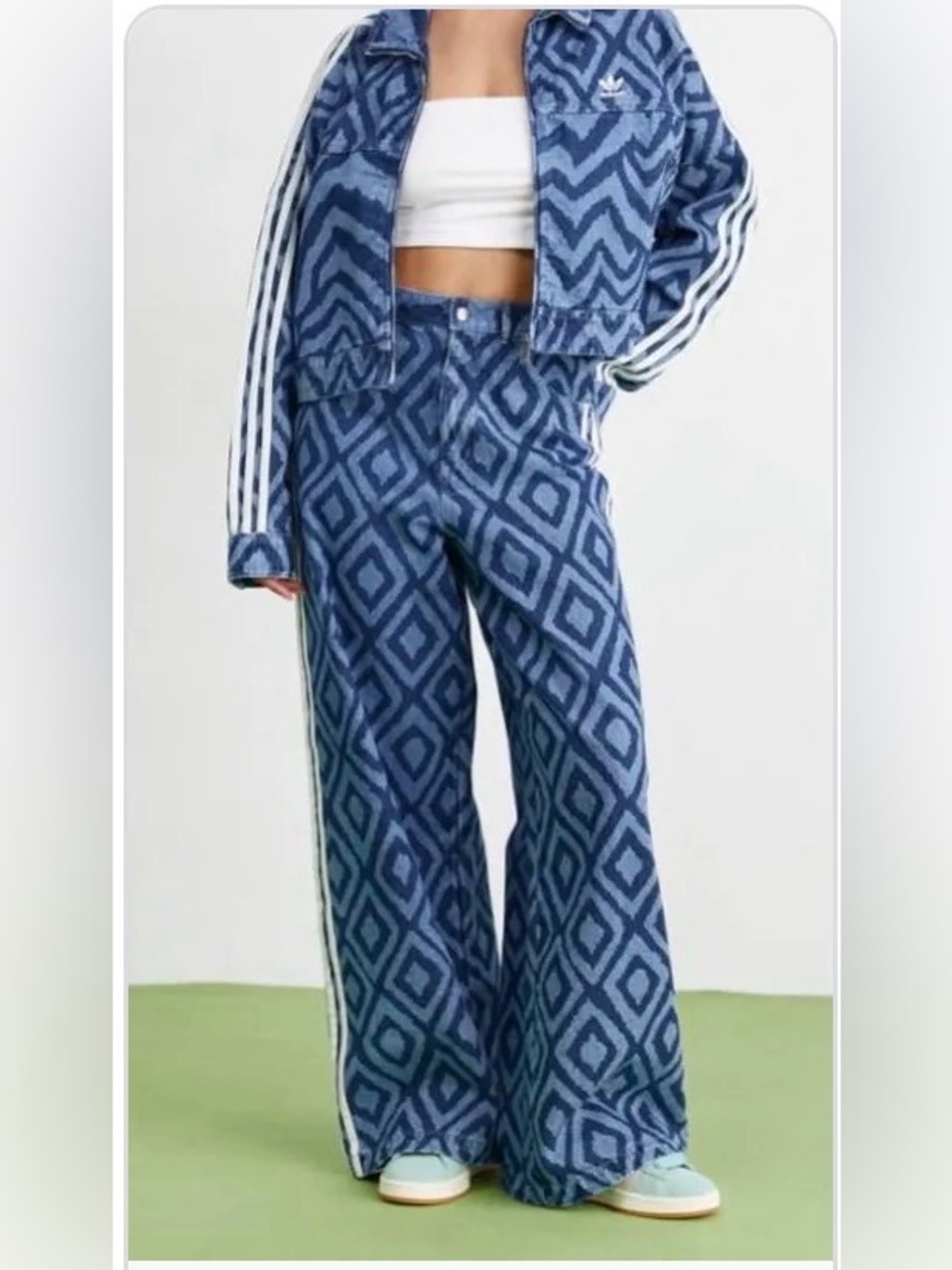 Adidas X Farm Rio 23 denim wide leg signature side stripe geometric track pant